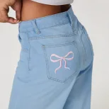Embroidered Denim Jeans with Bow Detail Fashionable Trendy Design Womens Casual Wear Wholesale A