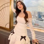 Off Shoulder Ruffled Long Sleeve Dress Sexy Pleated Elegant Autumn Fashion for Women Wholesale A