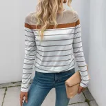 Vintage Striped Long Sleeve T Shirt for Women Simple Design Autumn Fashion Versatile Layering Wh