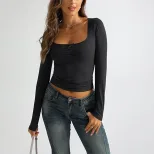 Womens U Neck Fitted T Shirt Minimalist Design Spring Summer Style Bodycon Fit Comfortable Fabri