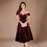 Burgundy Velvet Off Shoulder Maxi Dress Elegant Flare Skirt Evening Gown Perfect for Parties Who
