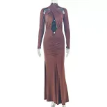 Elegant Womens Bodycon Dress Solid Color Curve Hugging Long Sleeve Strapless Design Perfect for