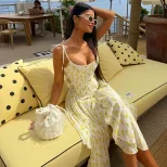 Bohemian Floral Print Maxi Dress Strapless Waist Cinching Backless Slim Fit Perfect for Outdoor