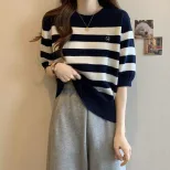 Plus Size Womens Loose Fit Short Sleeve Knit Top Striped Pattern Summer Casual Wear