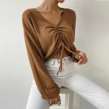 Loose Fit V Neck Long Sleeve T Shirt Casual Waffle Fabric Drawstring Detail Cropped Style Spring