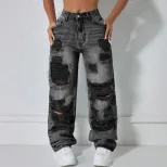 Casual Ripped Straight Leg Womens Jeans Versatile Trendy Comfortable Perfect for Everyday Wear R