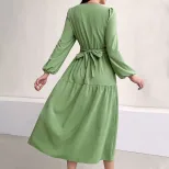 Elegant V Neck Midi Dress Fresh Spring Summer Style Youthful Green Color Wholesale Available OEM
