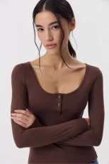 Modal Knit Long Sleeve Womens T Shirt Slim Fit U Neck Button Detail Casual Wear Spring Fall Whol