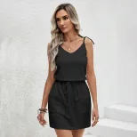 V Neck Split Tie Waist Dress for Women Slim Fit Black Summer Style Low MOQ private label