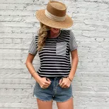 Casual Black Striped T Shirt Summer Fashion Loose Fit Short Sleeve Womens Everyday Wear Wholesal