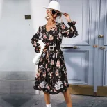 Printed Long Sleeve Dress Pleated Design Mid Length Fashionable for Women Perfect for Casual or