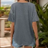 Casual V Neck Button Up T Shirt Summer Lightweight Fabric Solid Color for Everyday Wear Wholesal