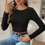 Womens Lace Trim Long Sleeve T Shirt Slim Fit Versatile Style Spring Summer Essential Wholesale