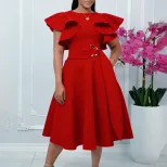 Elegant Ruffled Sleeve Waist Tie Dress Summer Fashion Perfect for Parties and Special Occasions