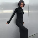 High Neck Long Sleeve Bodycon Dress Elegant Solid Color High Waist Slim Fit Perfect for Autumn a