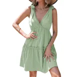 V Neck Ruffled Hem Dress Sexy Fit and Flare Floral Print Sleeveless Casual Vacation Wear Wholesa