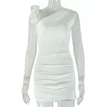 Sheer Mesh Bodycon Dress Solid Color Asymmetrical Neckline Long Sleeve Floral Design Evening Wea