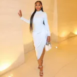 Slim Fit Solid Color Midi Dress for Women Elegant Style Ruffled Details Round Neck Long Sleeve P