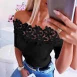欧美跨境女装上衣时尚休闲纯色蕾丝花边拼接短袖女士T恤一字领