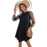 Elegant Hollow Out Long Sleeve Dress Color Block Design Round Neck Trendy Style Perfect for Part