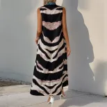 Vintage Style Sleeveless Zebra Print Dress Stand Collar Bohemian Design Elegant Look Perfect for