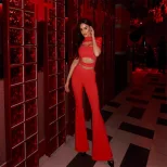 Chic Two Piece Set Solid Color Hollow Design Fitted Crop Top High Waisted Pants Fashionable for