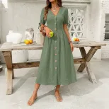 Summer Casual V Neck Short Sleeve Dress Solid Color Beach Vacation Style Wholesale Available OEM