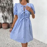 Vintage Striped Dress Summer Collection Round Neck Bow Tie Detail Elegant Style Wholesale Availa