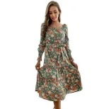 Vintage Floral Print Long Sleeve Dress Slim Fit Ruffled Design Square Neckline Perfect for Sprin