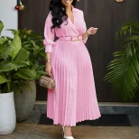 Plus Size Womens Dress Elegant Solid Color Flared Skirt Pleated Design Lapel Collar Autumn Winte
