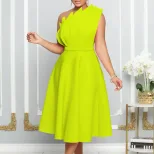 Plus Size Womens Summer Dress Sexy Asymmetrical Neckline High Waist Pleated Design Evening Party