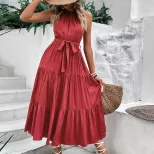 Elegant Solid Color Midi Dress Summer Style Halter Neck Comfortable Fabric Perfect for Casual Ou