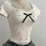 Summer Womens Short Sleeve T Shirt Polka Dot Design Bow Detail Casual Style Ready to Ship Low MO