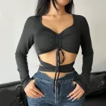 Slim Fit Long Sleeve T Shirt Unique Design Sexy Hollow Out Short Crop Style Spring Summer Womens