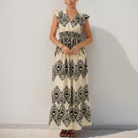 Floral Print Maxi Dress Black and White Ruffled Sleeves Ethnic Vacation Style Wholesale Availabl