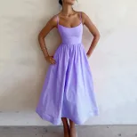 Elegant Womens Midi Dress Slim Fit Low Cut Spaghetti Straps Flared Skirt Office Wear or Evening