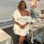 European Style Asymmetrical Ruffled Neck Short Sleeve Dress Solid Color Pleated Design Cake Hem