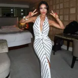 Striped Print Halter Neck V Neck Dress Twist Front Backless Waist Cinching Elegant Evening Gown