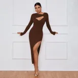 Womens Bodycon Maxi Dress Slim Fit Sexy Split Long Sleeve Perfect for Parties or Evening Events