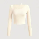 Womens Fitted Long Sleeve Knit T Shirt Asymmetrical Neckline Spring Summer Style Versatile Layer