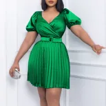 Summer Womens Dress V Neck Pleated Waist Defined Elegant Casual Style for Parties or Events Whol