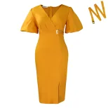 Fashionable V Neck Puff Sleeve Bodycon Dress Solid Color Waist Defined Side Slit Perfect for Par