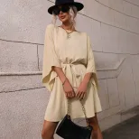 Womens Long Sleeve Dress Round Neck Elastic Waist Short Skirt Elegant Style for Casual Occasions
