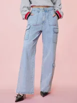 High Waisted Wide Leg Denim Trousers Loose Fit Utility Pockets Casual Style Womens Fashion Ready