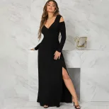 Chic V Neck Long Dress Elegant Split Design Lightweight Fabric Spring Summer Womens Fashion Whol
