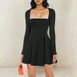 Elegant Black A Line Dress for Women Long Sleeve Lace Trim Slim Fit French Style for Spring and