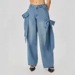 Wide Leg Denim Pants with Bow Detail Street Style Casual Wear Available for Wholesale custom pac