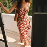 Vintage French Style Floral Print Tie Waist Maxi Dress Slim Fit Sleeveless Beach Vacation Wholes