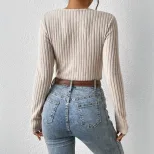 Womens Slim Fit V Neck Long Sleeve T Shirt Ribbed Fabric Soft Touch Elegant Style Spring Summer