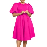 A Line Dress Round Neck Puff Sleeves Waist Defined Flowy Hem Elegant Evening Wear Wholesale Avai